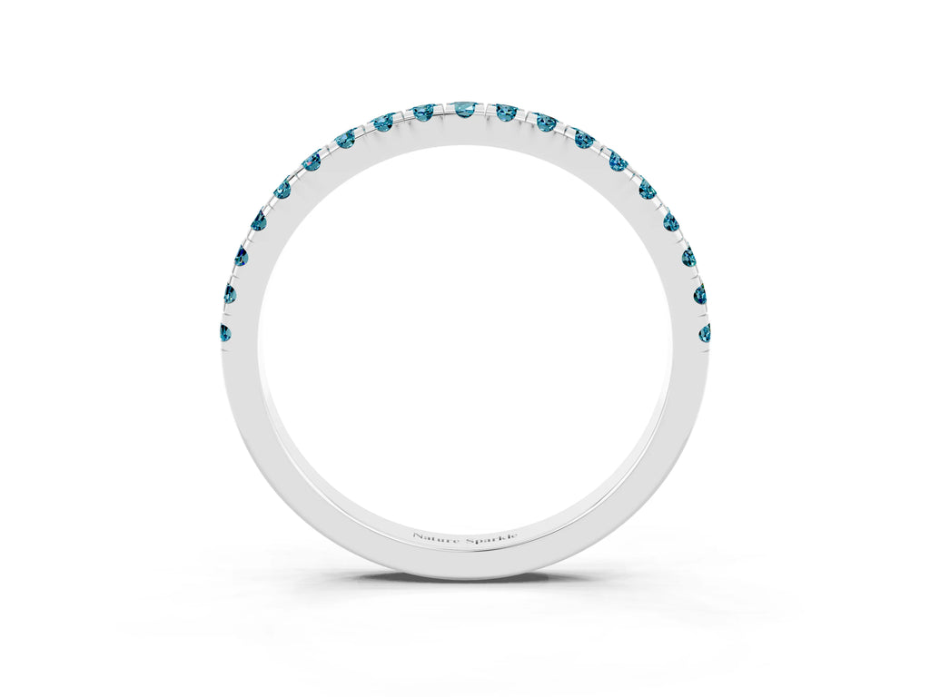 Pavé Round Blue Topaz Half Eternity Band in Silver with Shared Prong Setting