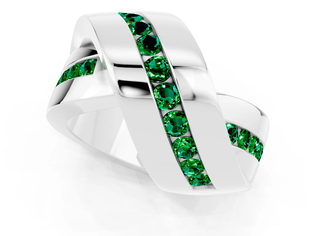 Pavé Round Emerald Crossover Band in Silver with Channel Setting