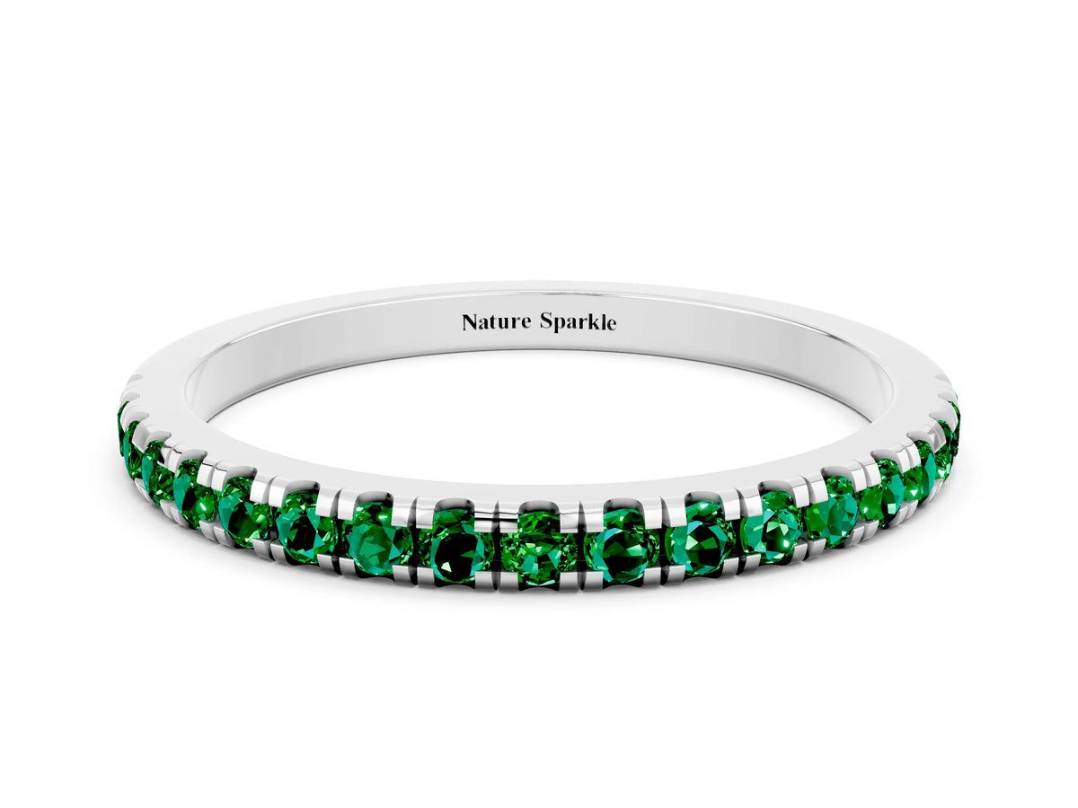 Pavé Round Emerald Half Eternity Band in Silver with Shared Prong Setting