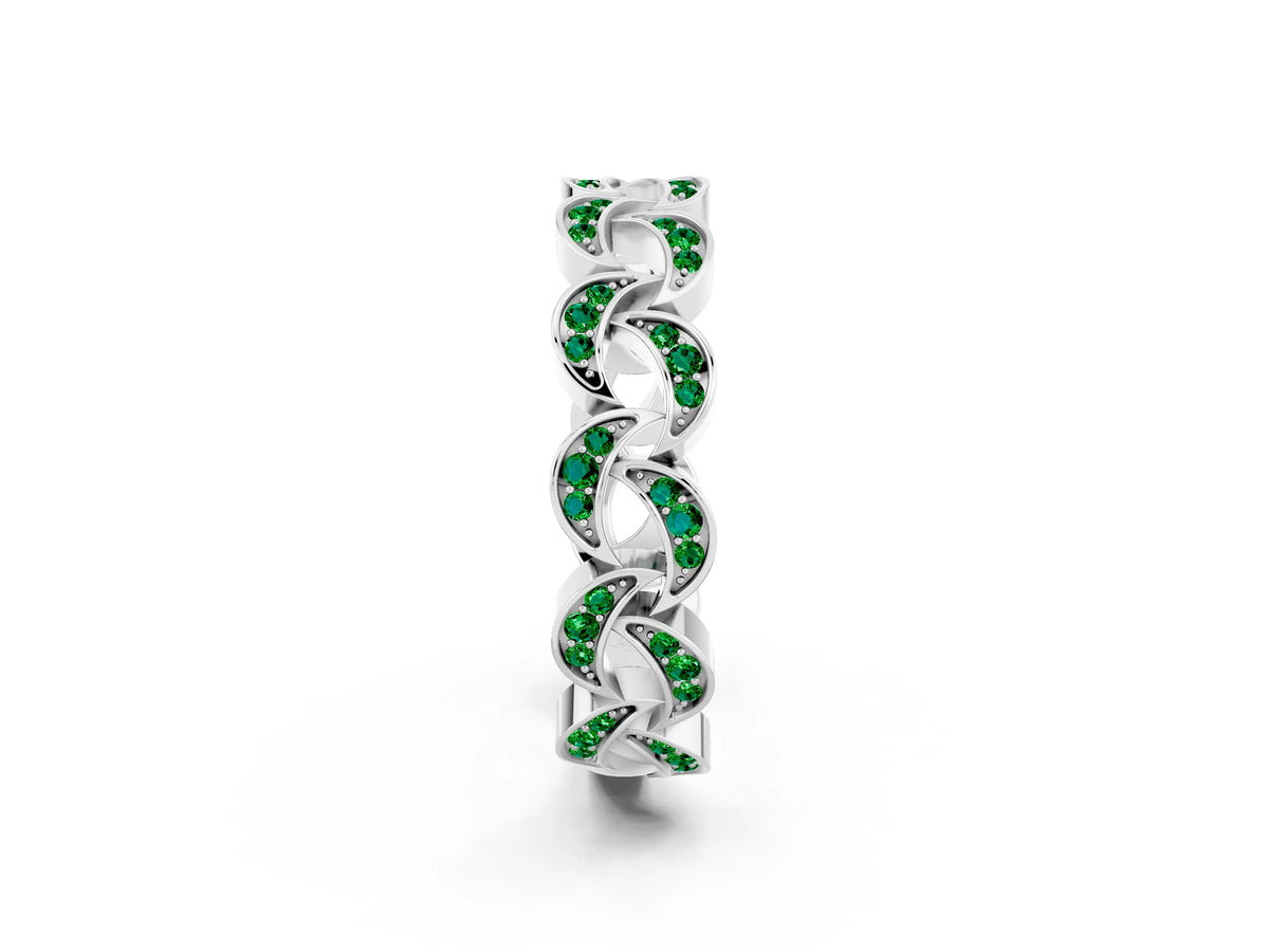 Pavé Round Emerald Interlocking Eternity Band in Silver with Bezel Prong Setting