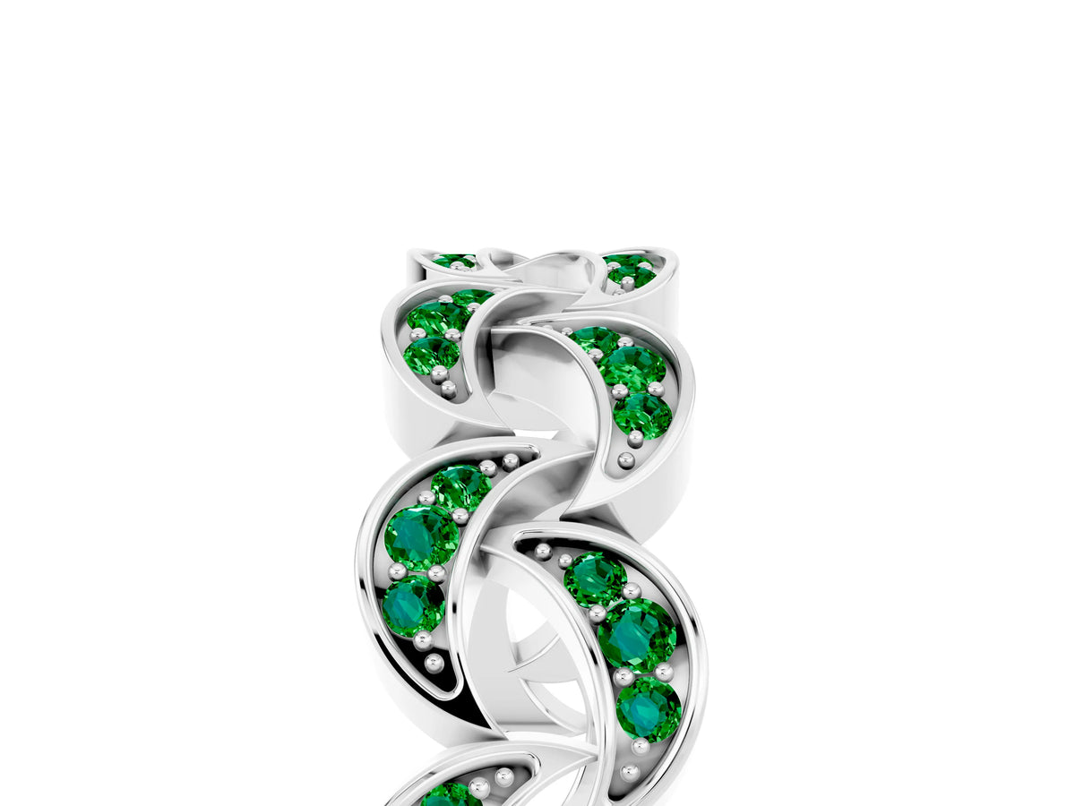 Pavé Round Emerald Interlocking Eternity Band in Silver with Bezel Prong Setting