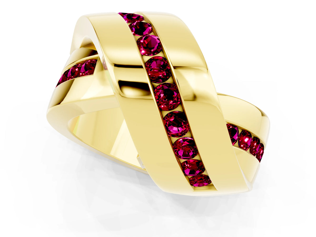 Pavé Round Garnet Crossover Band in Yellow gold with Channel Setting