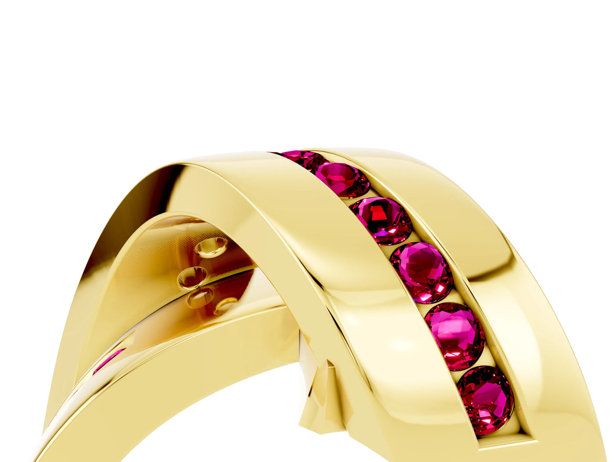 Pavé Round Garnet Crossover Band in Yellow gold with Channel Setting
