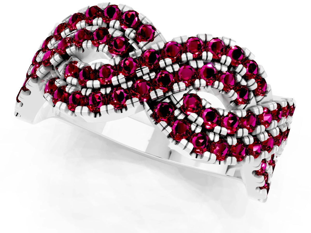 Pavé Round Garnet Infinity Twist Band in Silver with Shared Prong Setting 