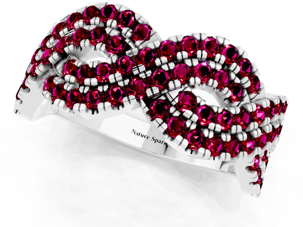 Pavé Round Garnet Infinity Twist Band in Silver with Shared Prong Setting