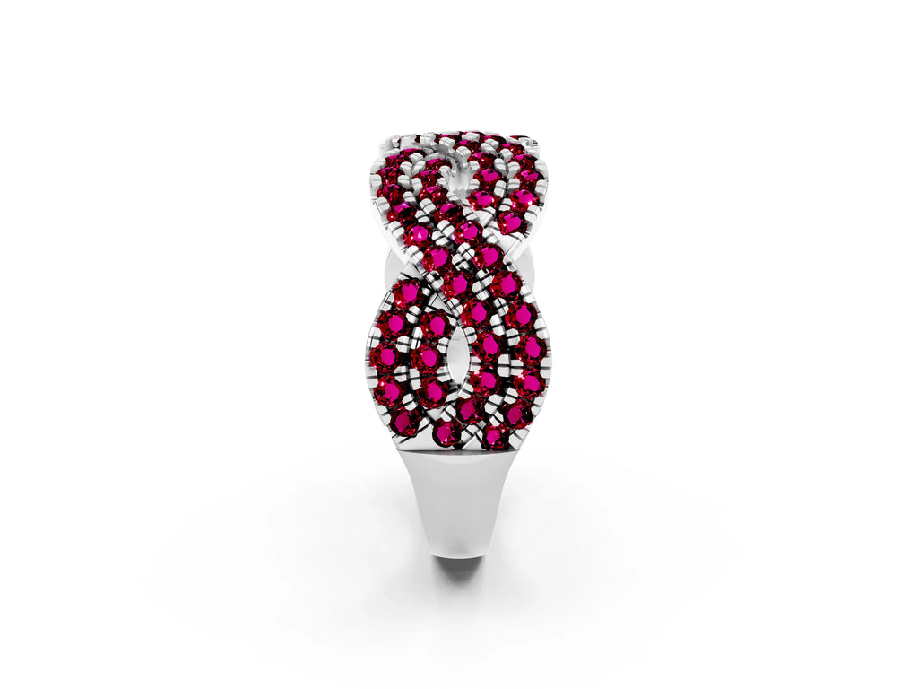 Pavé Round Garnet Infinity Twist Band in Silver with Shared Prong Setting