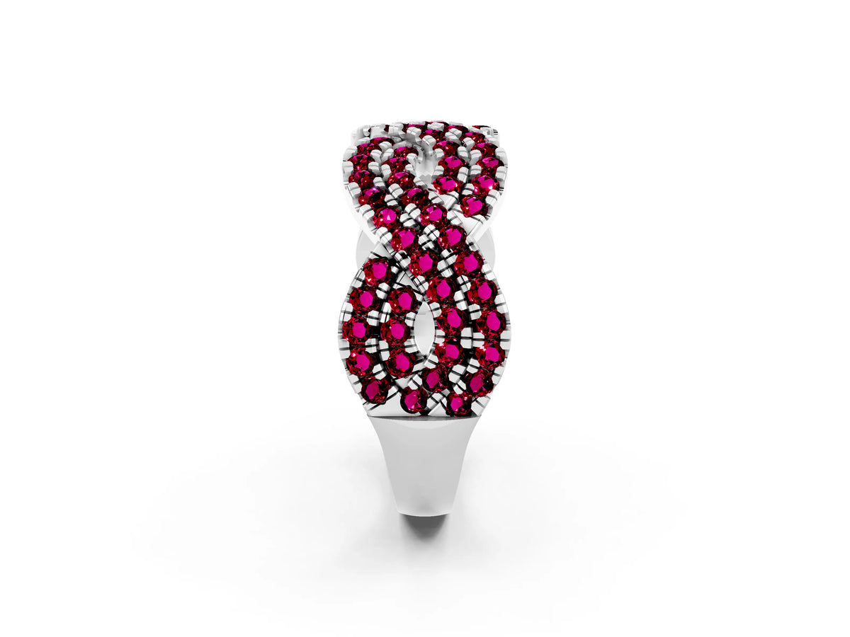 Pavé Round Garnet Infinity Twist Band in Silver with Shared Prong Setting