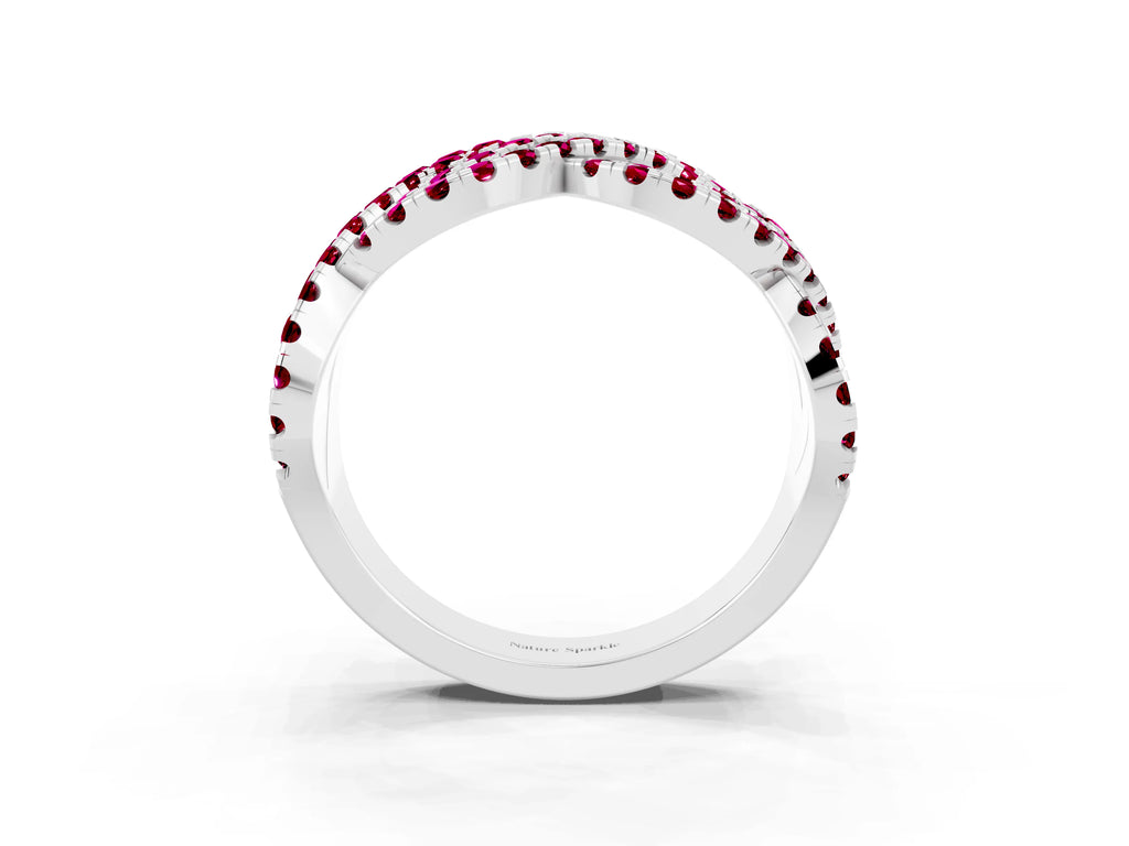 Pavé Round Garnet Infinity Twist Band in Silver with Shared Prong Setting