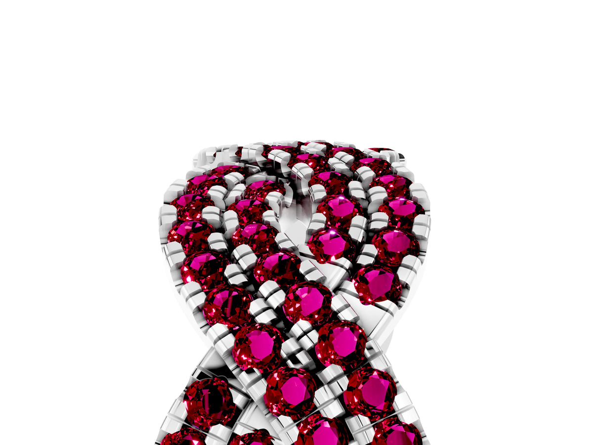 Pavé Round Garnet Infinity Twist Band in Silver with Shared Prong Setting