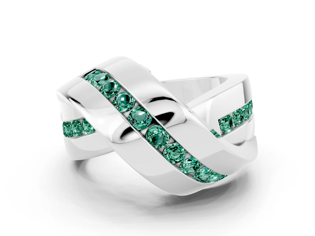 Pavé Round Green Sapphire Crossover Band in Platinum with Channel Setting