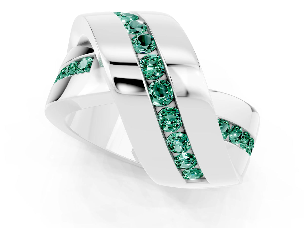 Pavé Round Green Sapphire Crossover Band in Platinum with Channel Setting