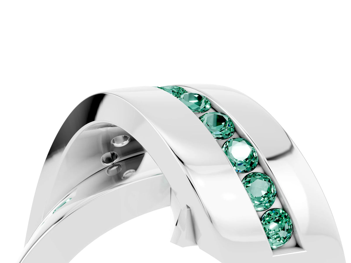 Pavé Round Green Sapphire Crossover Band in Platinum with Channel Setting