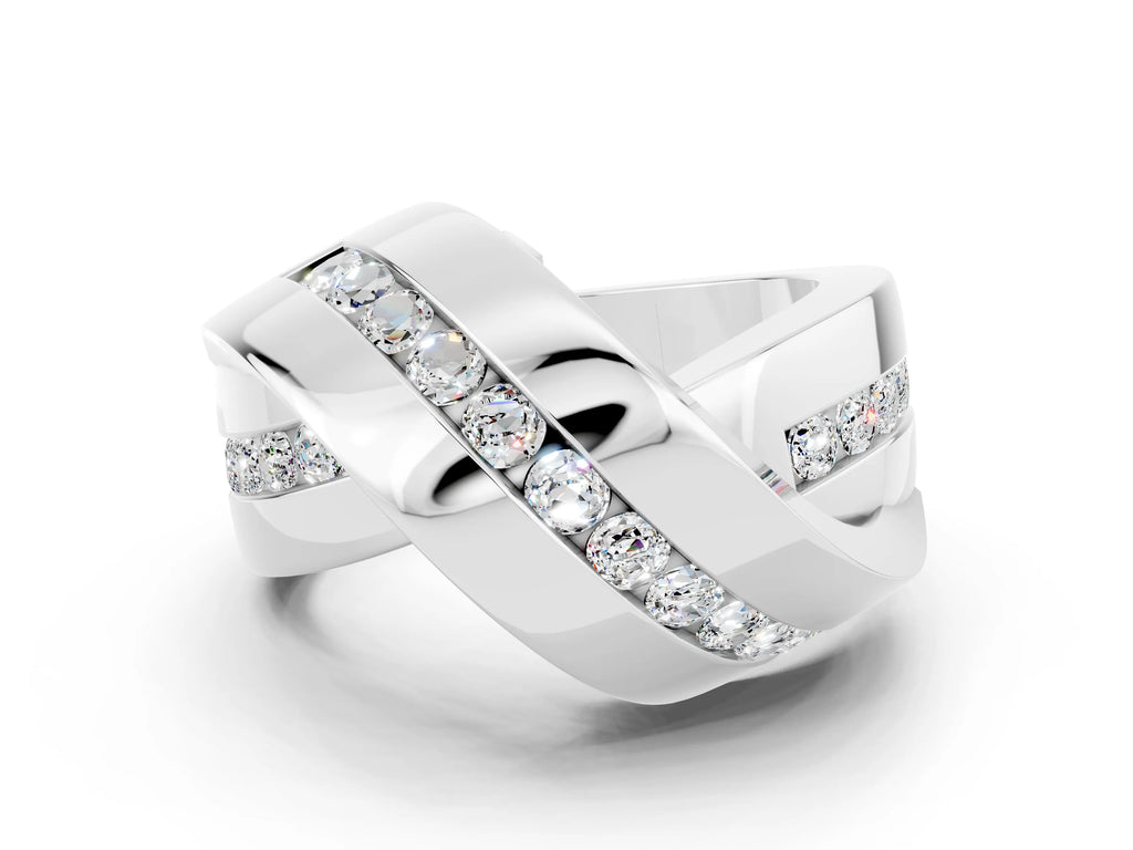Pavé Round Moissanite Crossover Band in Platinum with Channel Setting