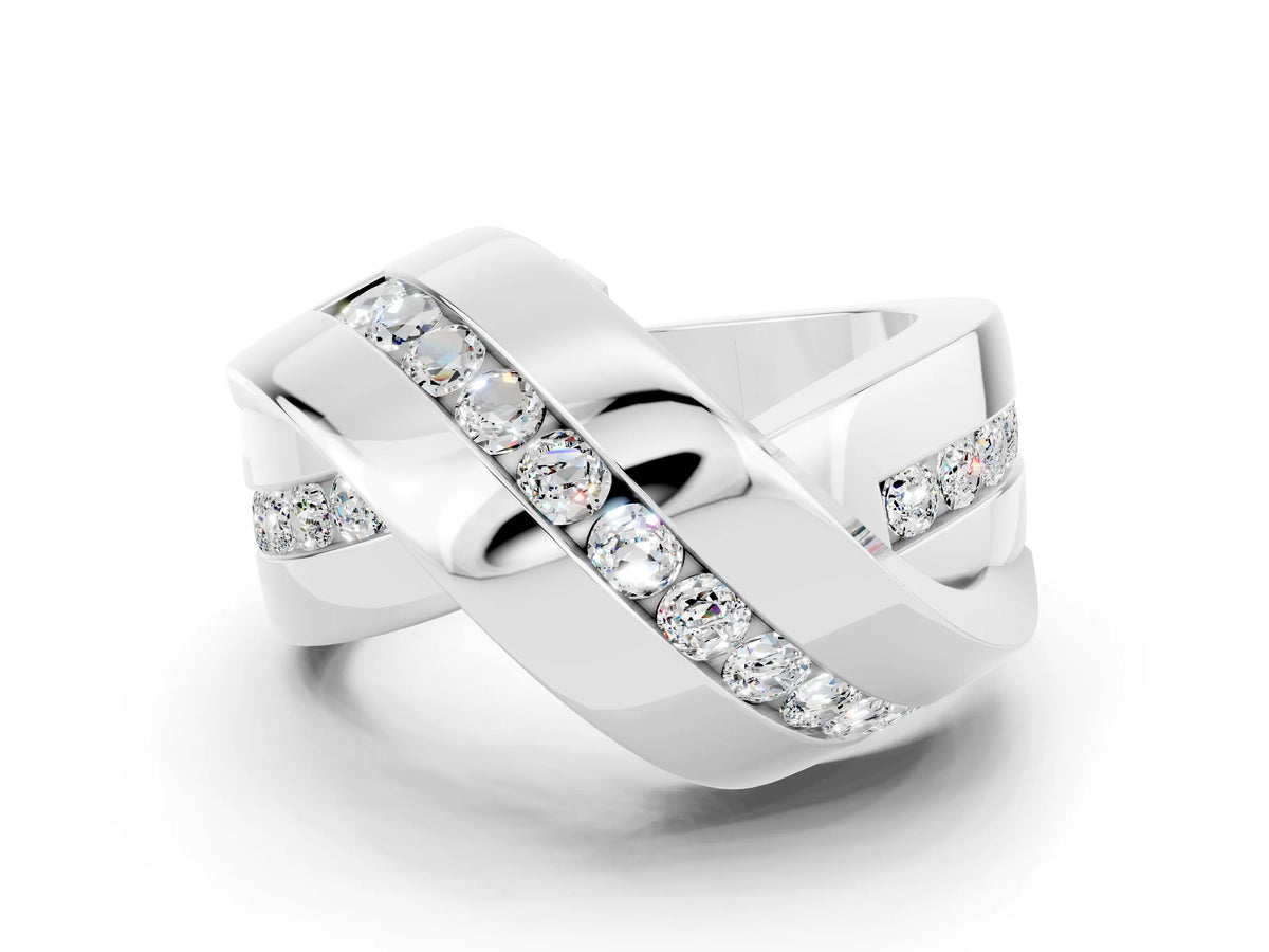Pavé Round Moissanite Crossover Band in Platinum with Channel Setting