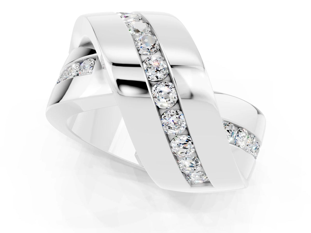 Pavé Round Moissanite Crossover Band in Platinum with Channel Setting