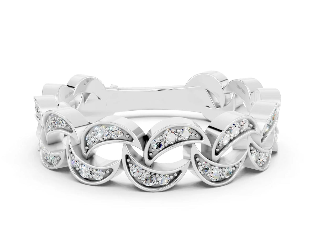 Pavé Round Moissanite Interlocking Eternity Band in White gold with Bezel Prong Setting 