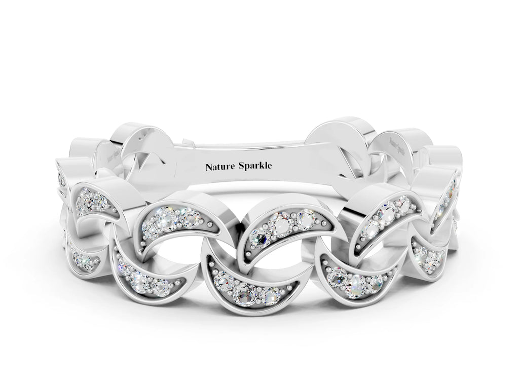 Pavé Round Moissanite Interlocking Eternity Band in White gold with Bezel Prong Setting