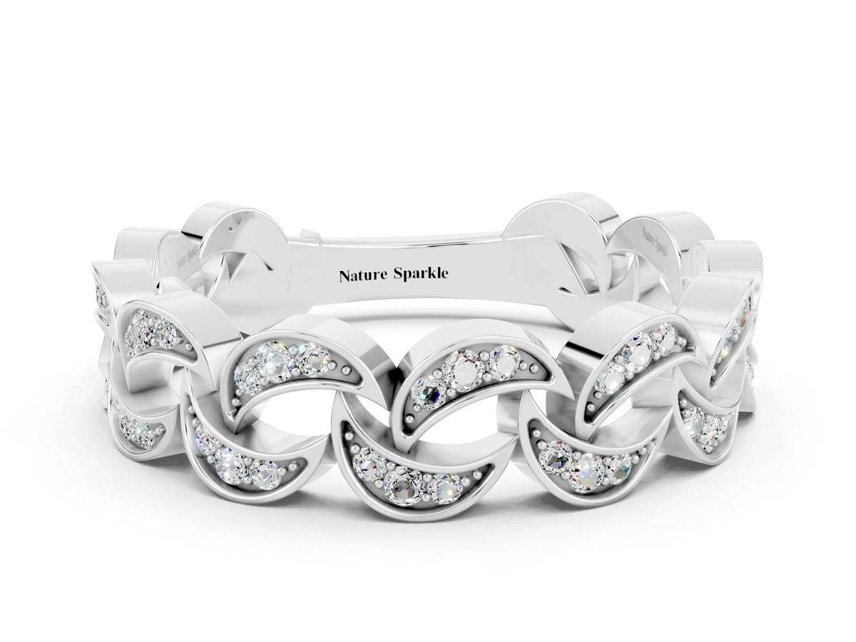 Pavé Round Moissanite Interlocking Eternity Band in White gold with Bezel Prong Setting