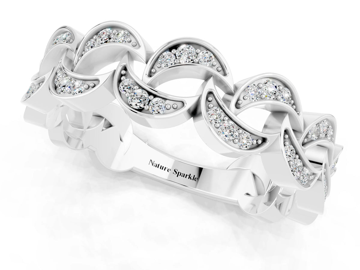 Pavé Round Moissanite Interlocking Eternity Band in White gold with Bezel Prong Setting