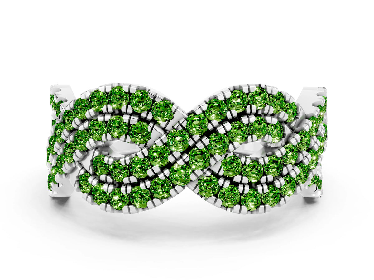 Pavé Round Peridot Infinity Twist Band in White gold with Shared Prong Setting