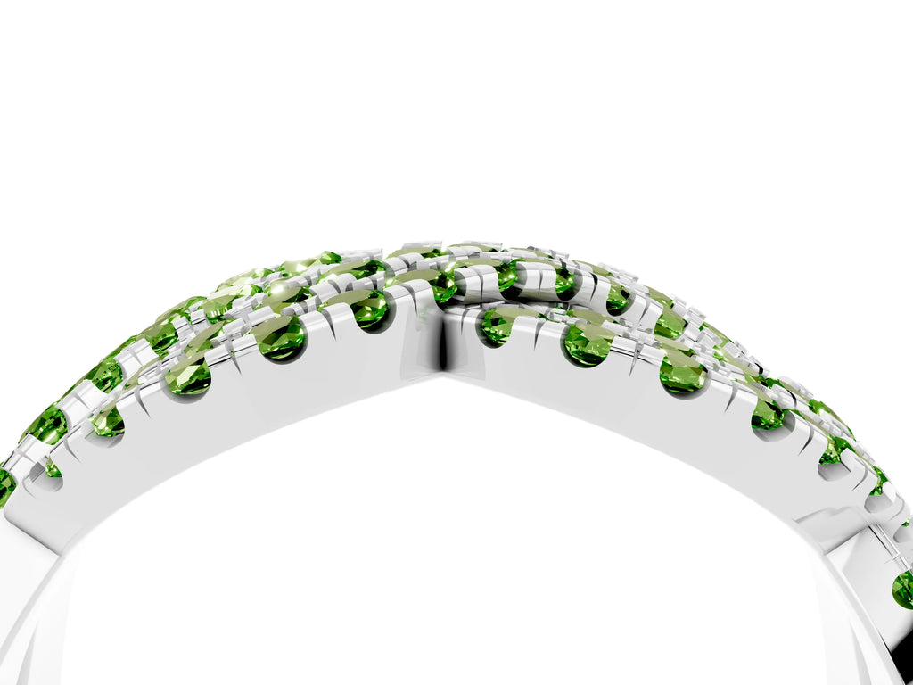 Pavé Round Peridot Infinity Twist Band in White gold with Shared Prong Setting