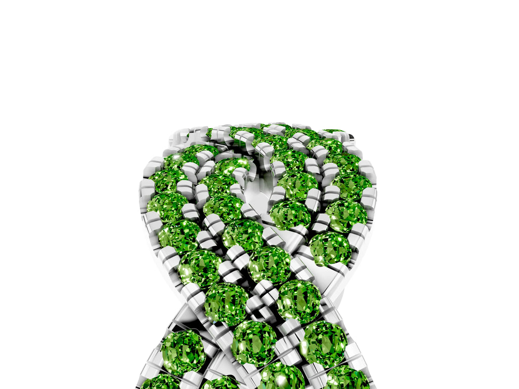 Pavé Round Peridot Infinity Twist Band in White gold with Shared Prong Setting