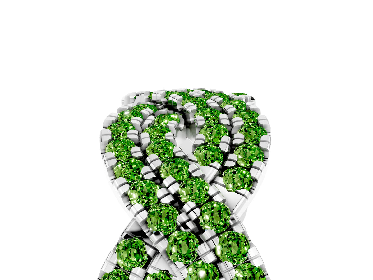 Pavé Round Peridot Infinity Twist Band in White gold with Shared Prong Setting
