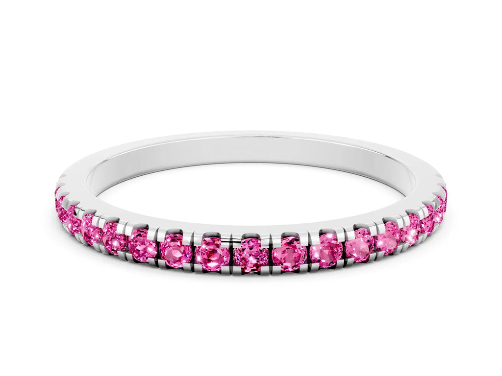 Pavé Round Pink Sapphire Half Eternity Band in Silver with Shared Prong Setting 
