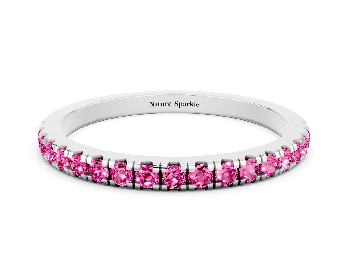 Pavé Round Pink Sapphire Half Eternity Band in Silver with Shared Prong Setting