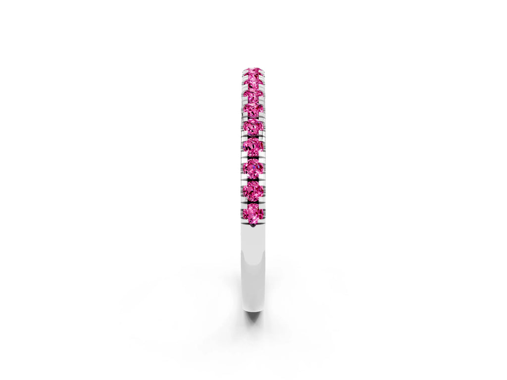 Pavé Round Pink Sapphire Half Eternity Band in Silver with Shared Prong Setting