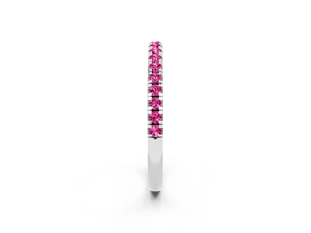 Pavé Round Pink Sapphire Half Eternity Band in Silver with Shared Prong Setting