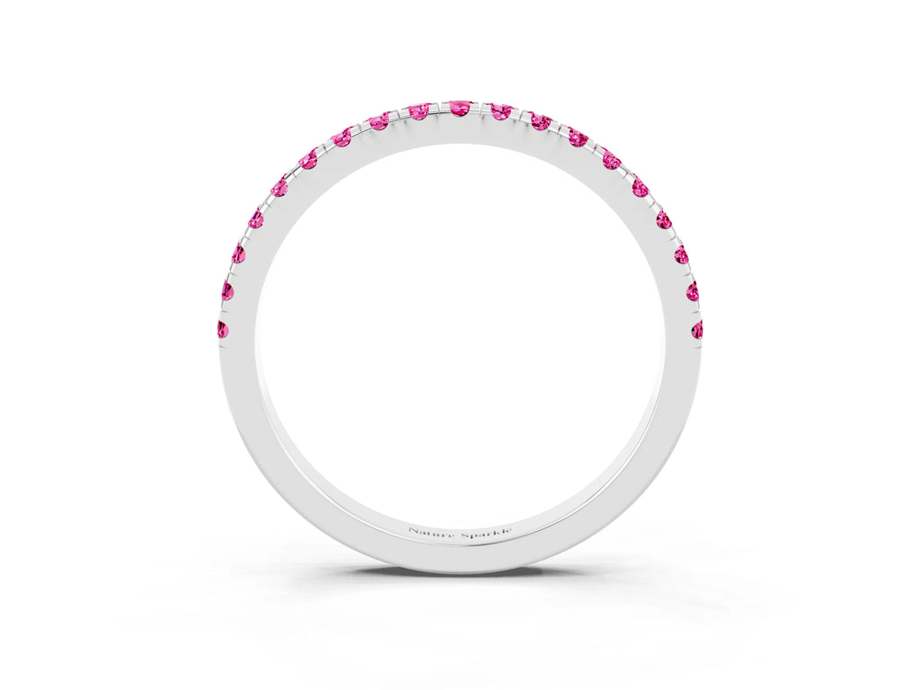 Pavé Round Pink Sapphire Half Eternity Band in Silver with Shared Prong Setting