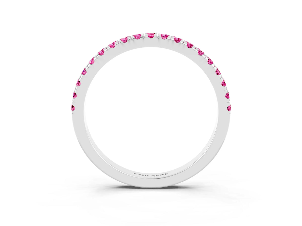 Pavé Round Pink Sapphire Half Eternity Band in Silver with Shared Prong Setting