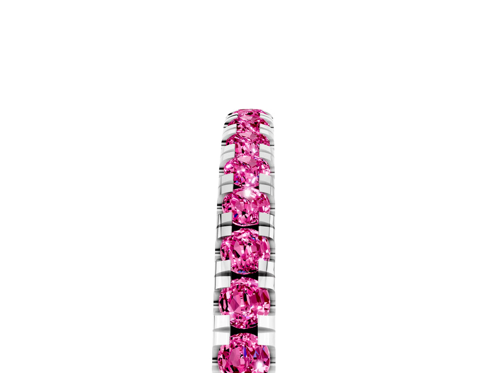 Pavé Round Pink Sapphire Half Eternity Band in Silver with Shared Prong Setting
