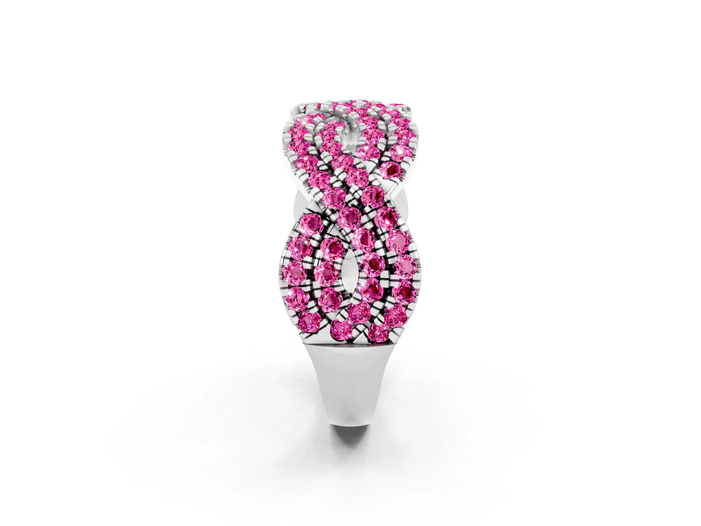 Pavé Round Pink Sapphire Infinity Twist Band in Silver with Shared Prong Setting