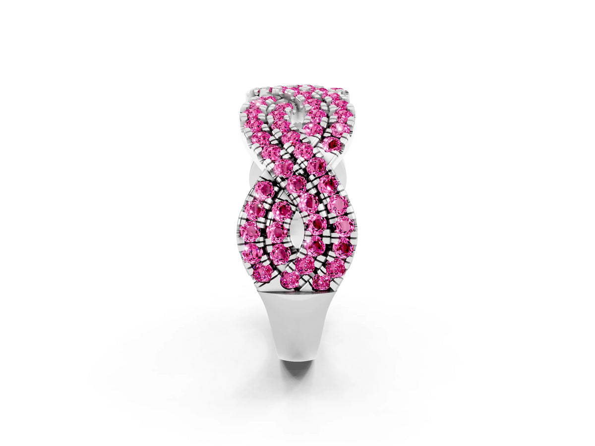 Pavé Round Pink Sapphire Infinity Twist Band in Silver with Shared Prong Setting