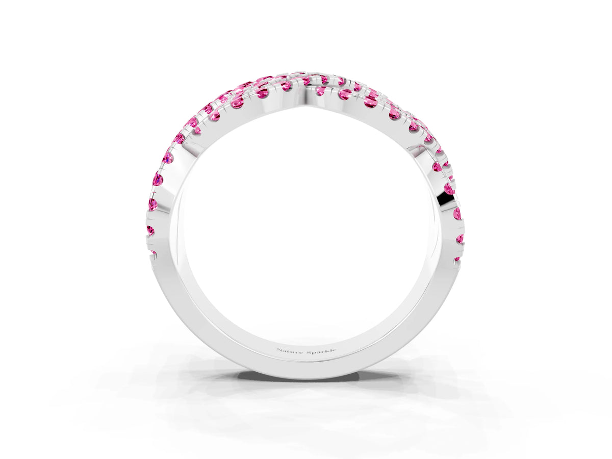 Pavé Round Pink Sapphire Infinity Twist Band in Silver with Shared Prong Setting