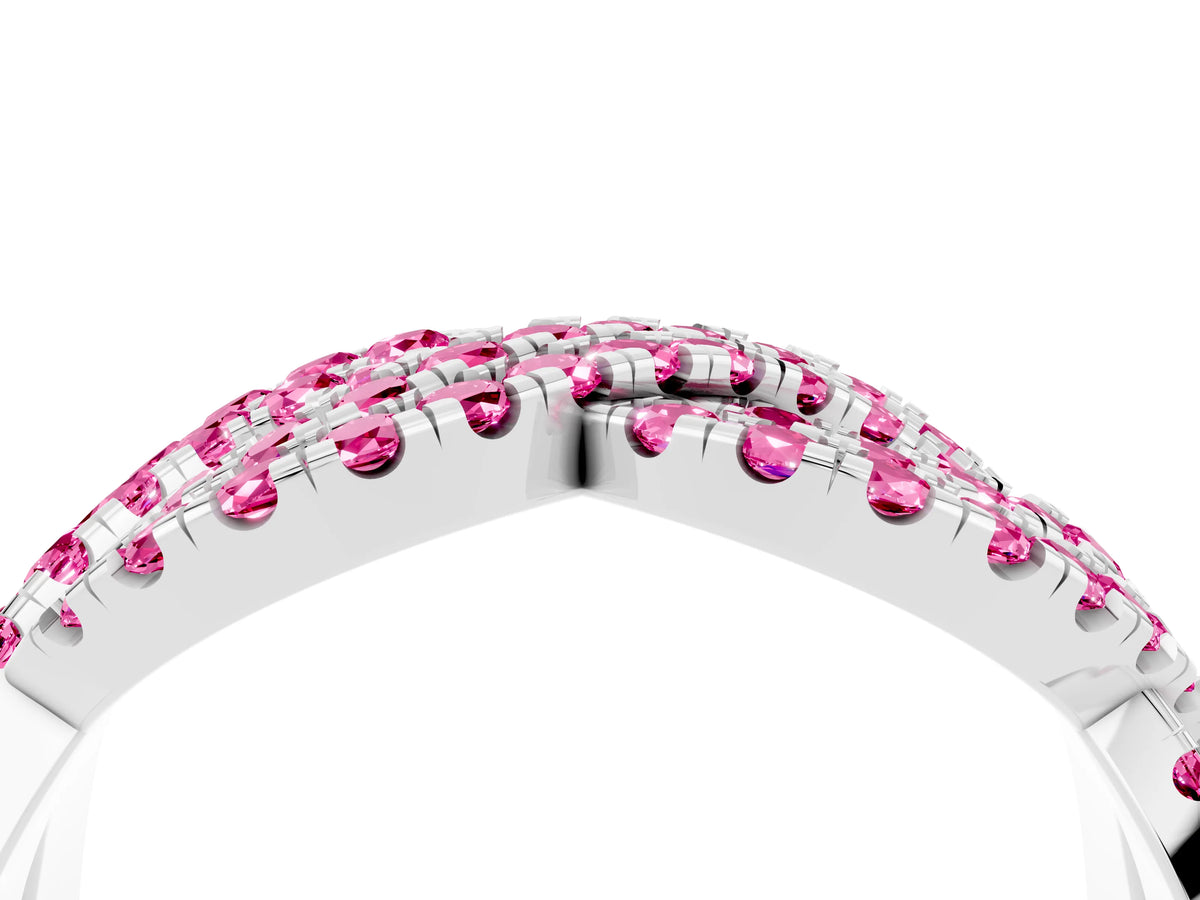 Pavé Round Pink Sapphire Infinity Twist Band in Silver with Shared Prong Setting