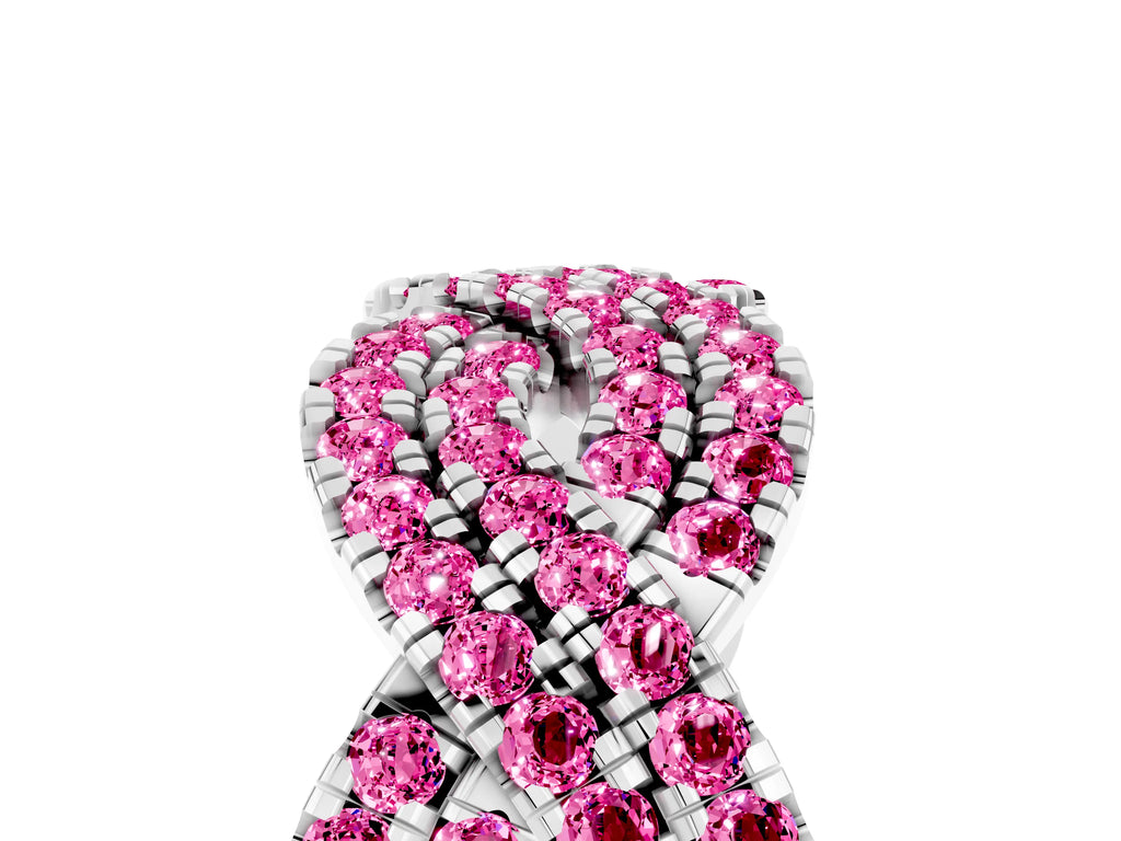 Pavé Round Pink Sapphire Infinity Twist Band in Silver with Shared Prong Setting