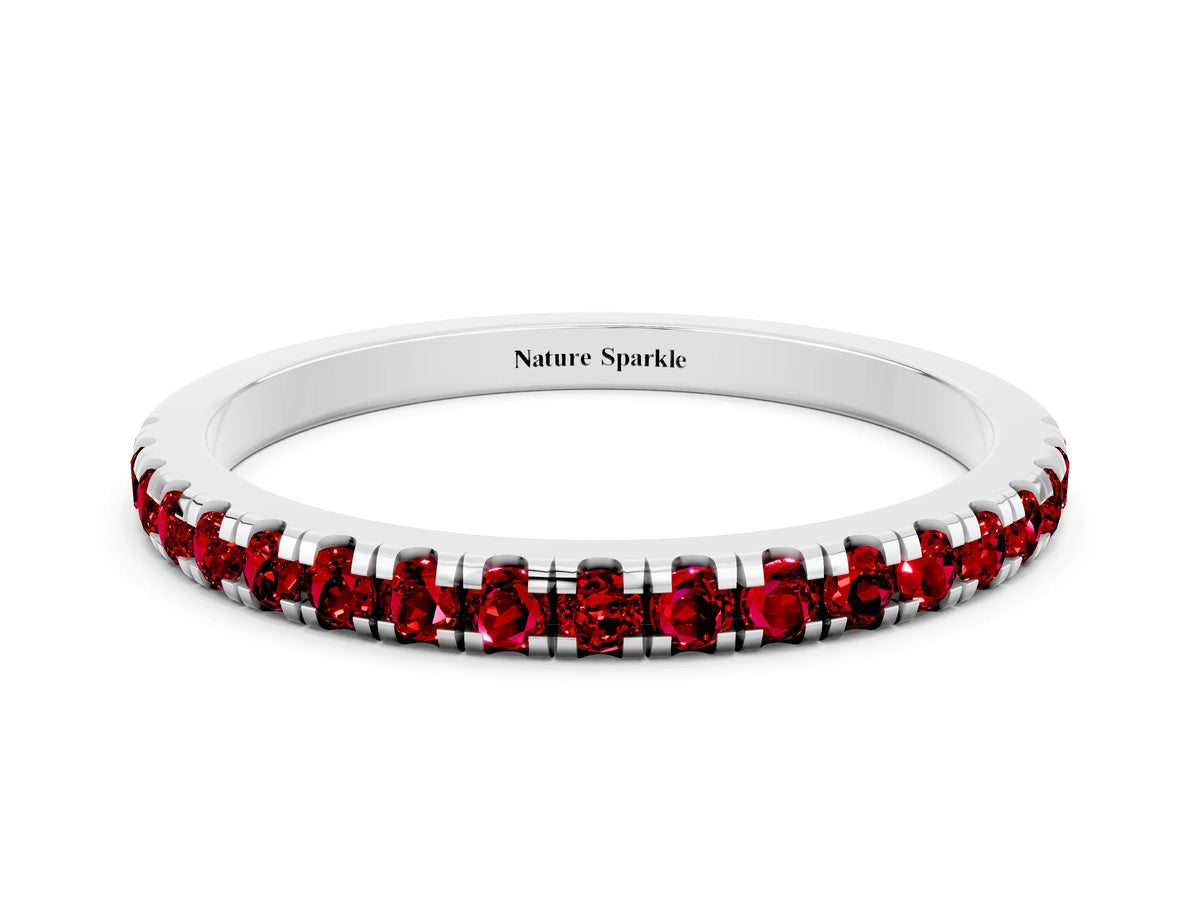 Pavé Round Ruby Half Eternity Band in Platinum with Shared Prong Setting