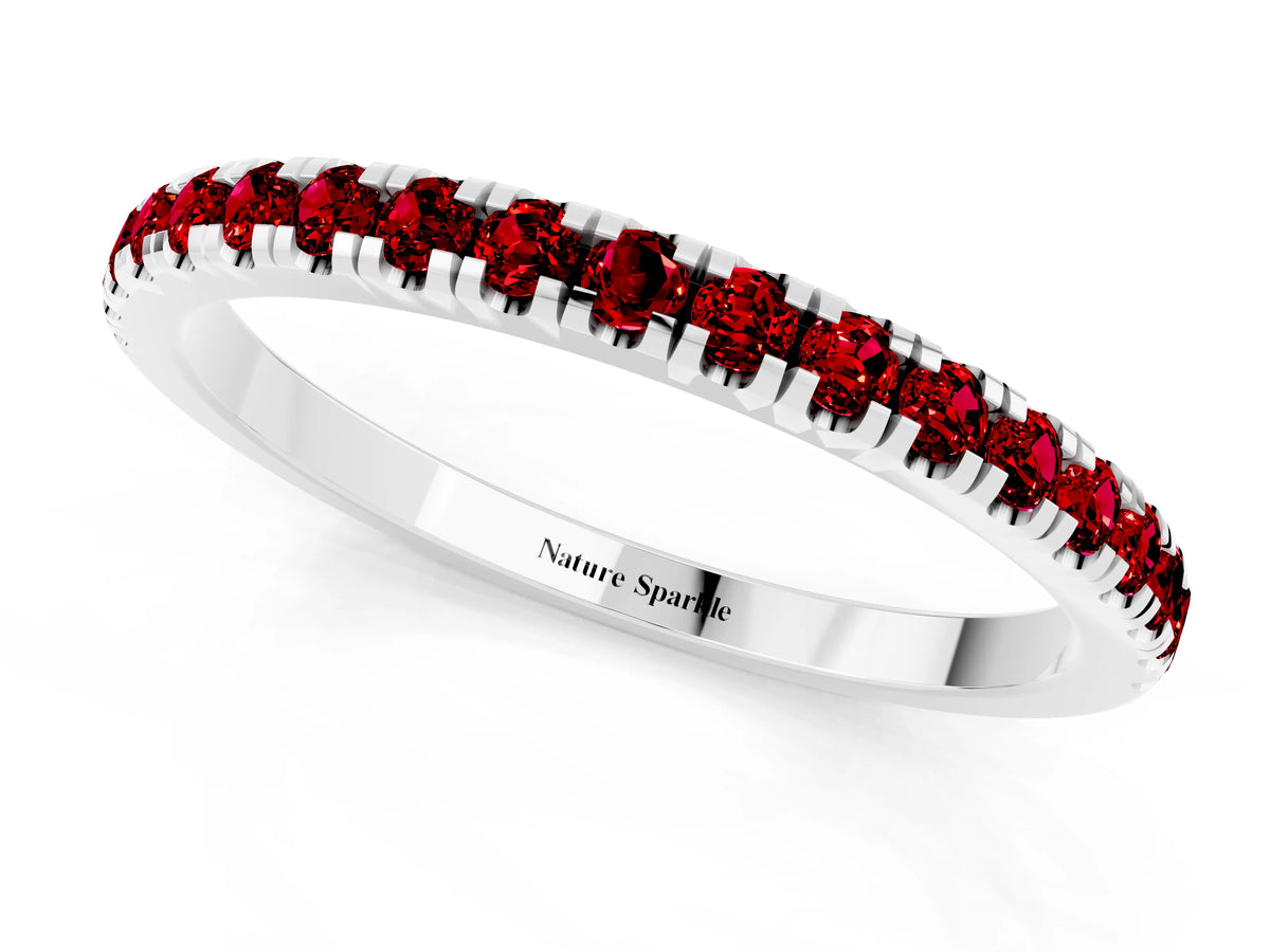 Pavé Round Ruby Half Eternity Band in Platinum with Shared Prong Setting