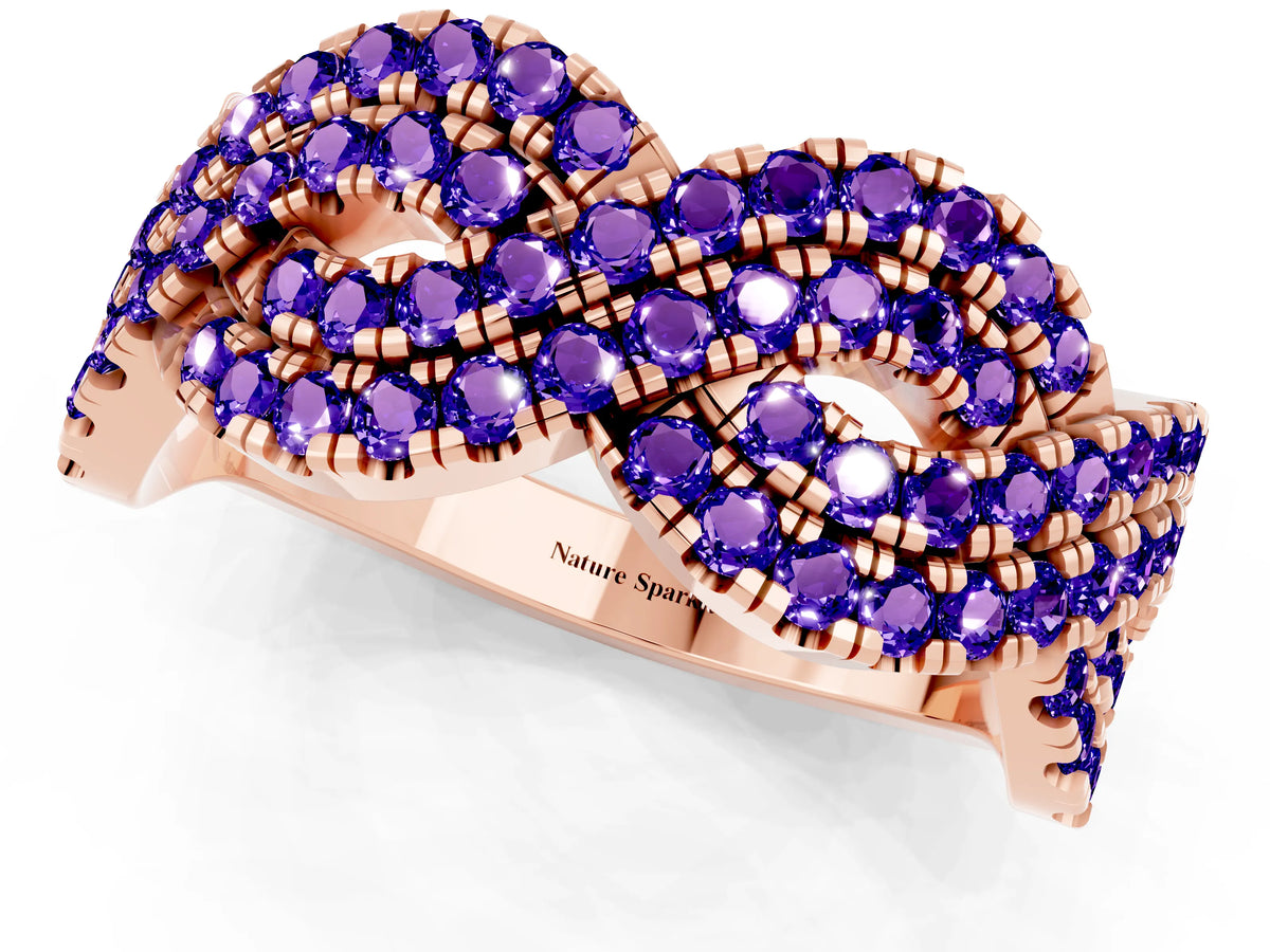 Pavé Round Tanzanite Infinity Twist Band in Rose gold with Shared Prong Setting