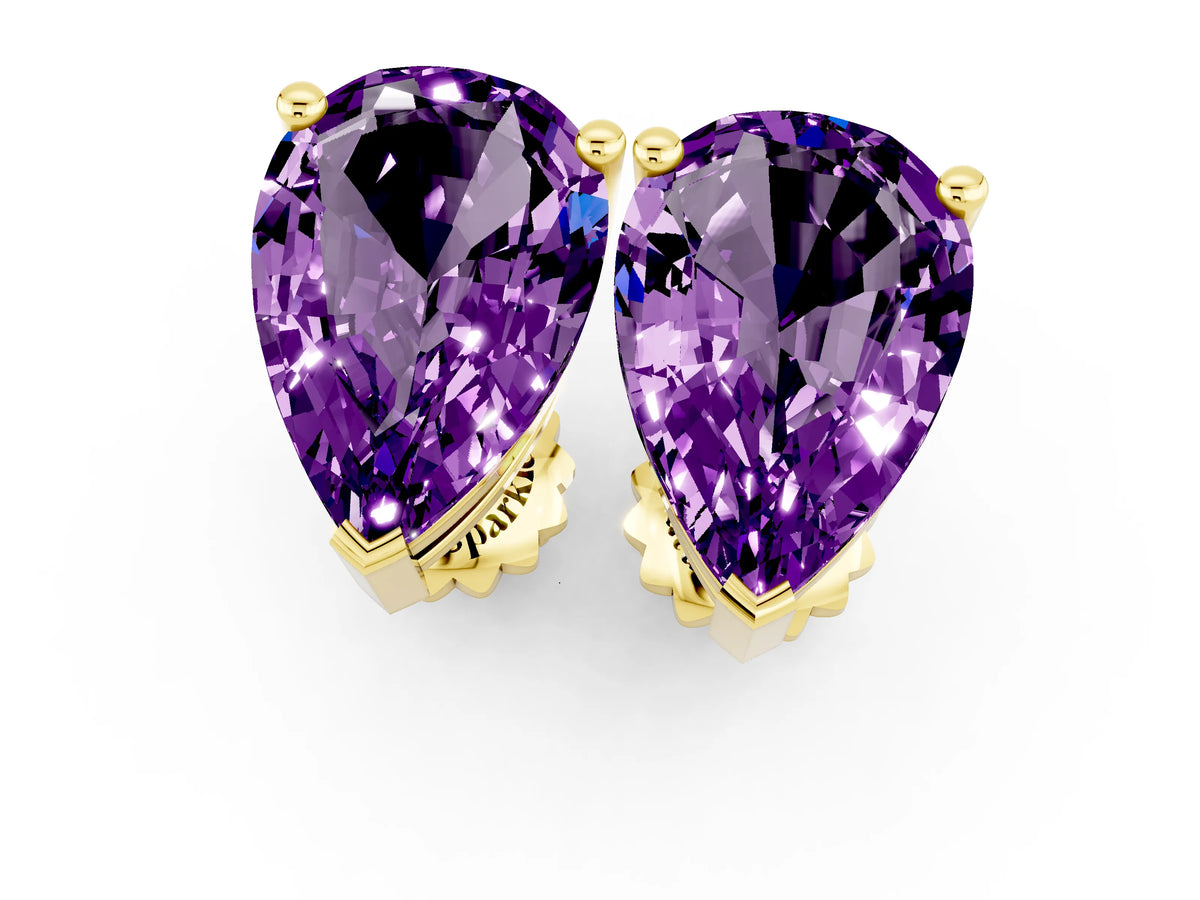 Pear Cut Amethyst Stud Earrings in Yellow gold with Basket Setting