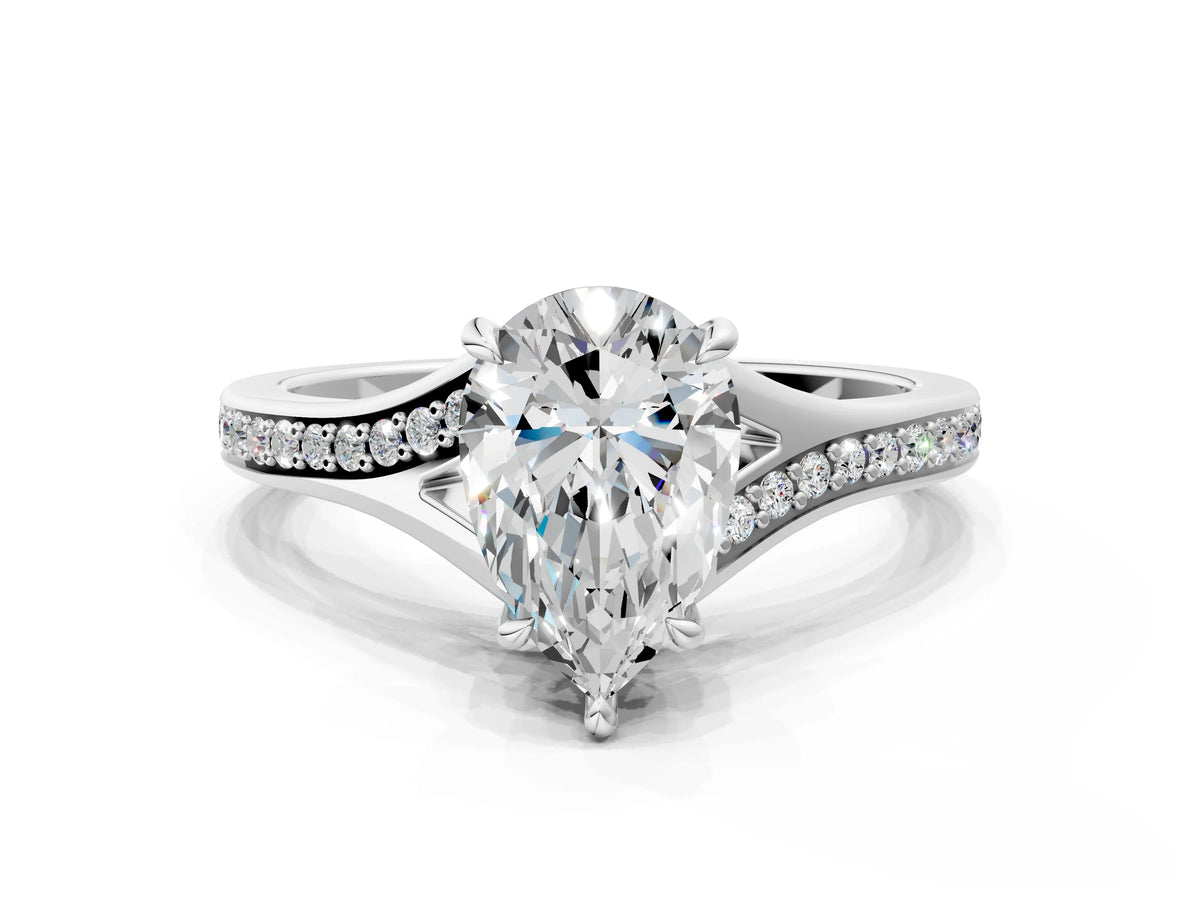 Pear Cut Diamond Hidden Halo Solitaire Ring in Silver with Round Pavé Band and Prong Setting
