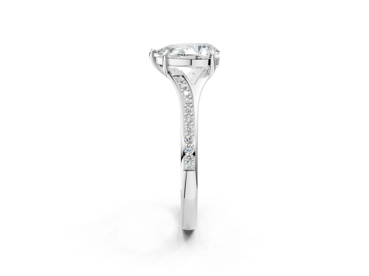 Pear Cut Diamond Hidden Halo Solitaire Ring in Silver with Round Pavé Band and Prong Setting