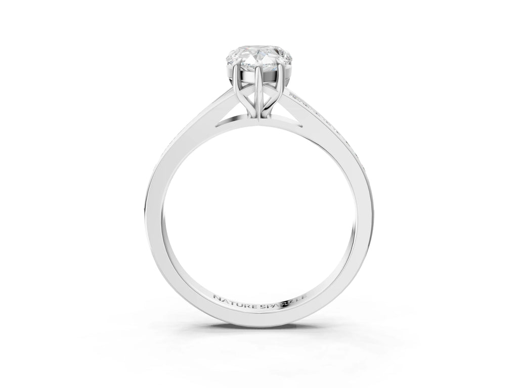 Pear Cut Diamond Hidden Halo Solitaire Ring in Silver with Round Pavé Band and Prong Setting