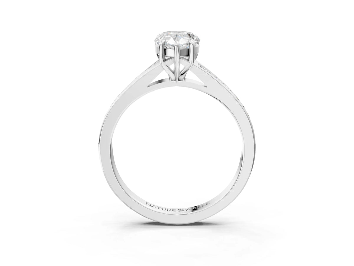 Pear Cut Diamond Hidden Halo Solitaire Ring in Silver with Round Pavé Band and Prong Setting