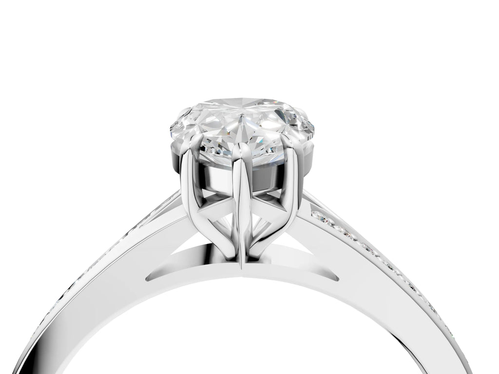 Pear Cut Diamond Hidden Halo Solitaire Ring in Silver with Round Pavé Band and Prong Setting