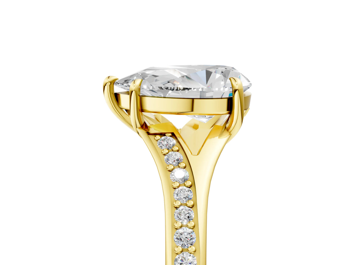 Pear Cut Diamond Hidden Halo Solitaire Ring in Yellow gold with Round Pavé Band and Prong Setting