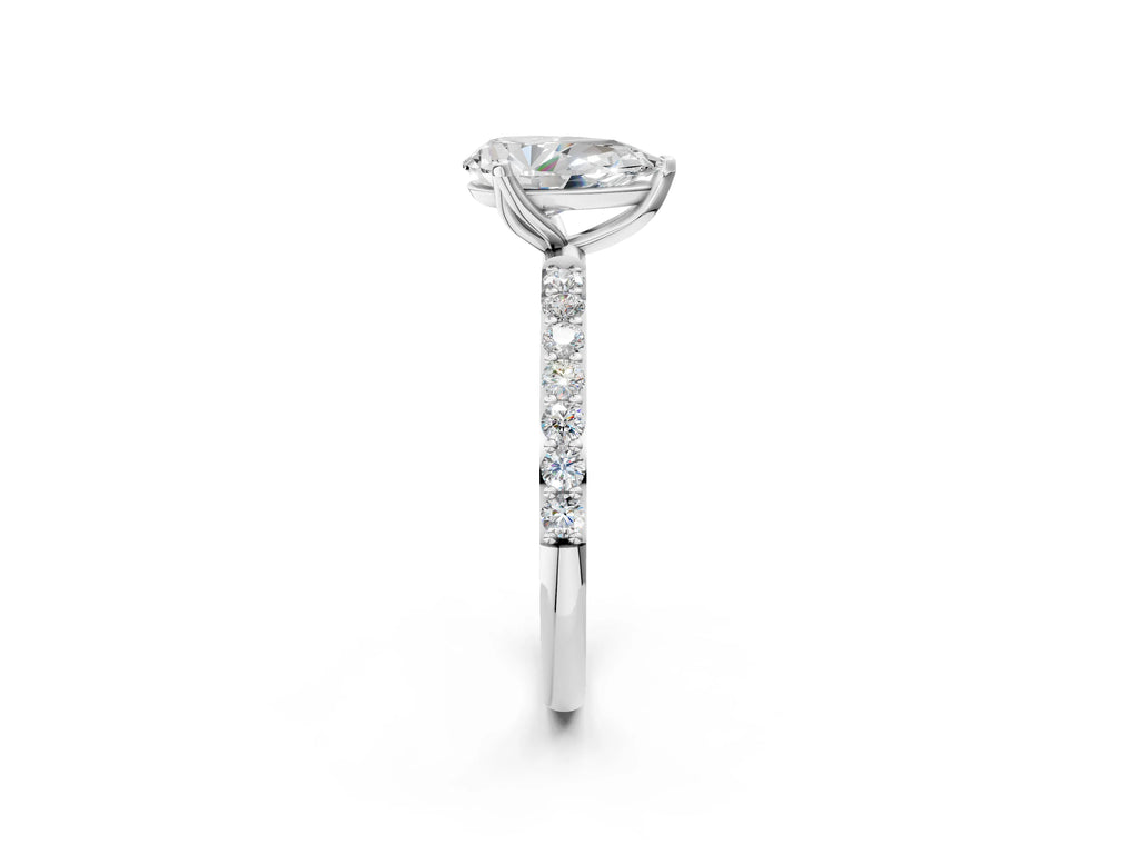 Pear Cut Diamond Solitaire Ring in Platinum with Round Shared Prong Pavé Band